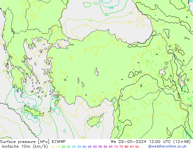 Isotachs (kph) ECMWF mer 29.05.2024 12 UTC