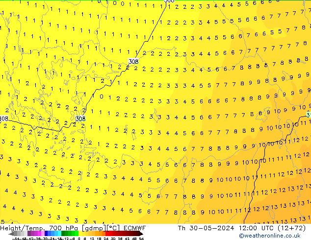 Geop./Temp. 700 hPa ECMWF jue 30.05.2024 12 UTC