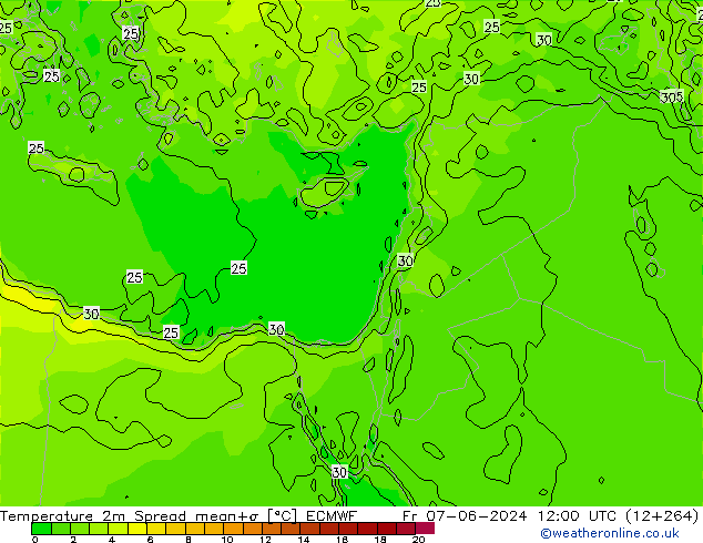 température 2m Spread ECMWF ven 07.06.2024 12 UTC