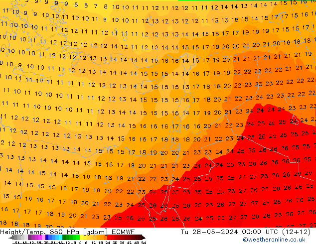 Geop./Temp. 850 hPa ECMWF mar 28.05.2024 00 UTC