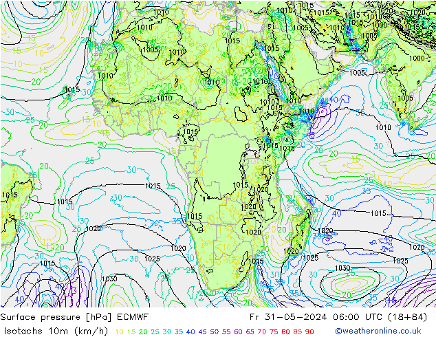 Isotachs (kph) ECMWF Sex 31.05.2024 06 UTC