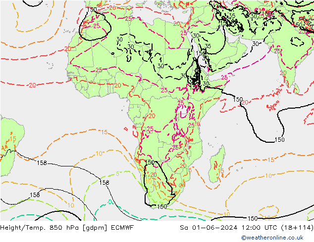 Height/Temp. 850 гПа ECMWF сб 01.06.2024 12 UTC