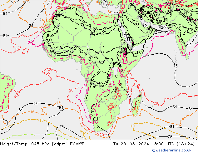 Height/Temp. 925 hPa ECMWF Tu 28.05.2024 18 UTC