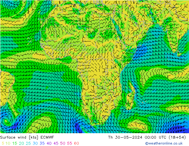 Wind 10 m ECMWF do 30.05.2024 00 UTC