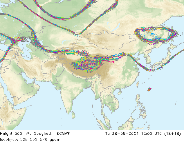 Height 500 hPa Spaghetti ECMWF Tu 28.05.2024 12 UTC