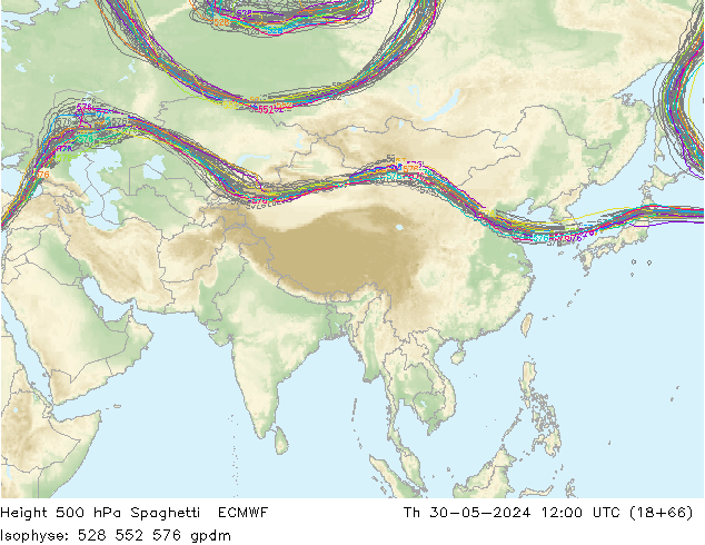 Height 500 hPa Spaghetti ECMWF Th 30.05.2024 12 UTC