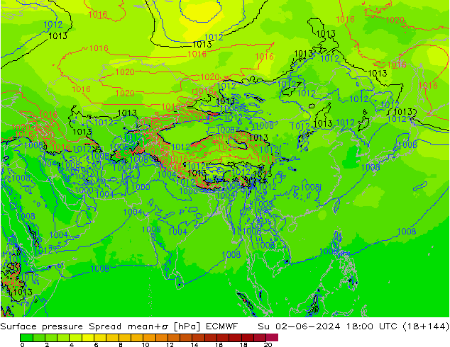 Surface pressure Spread ECMWF Su 02.06.2024 18 UTC