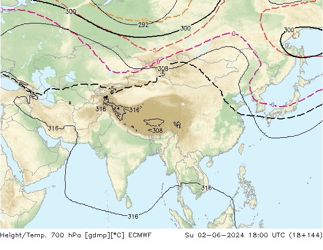 Yükseklik/Sıc. 700 hPa ECMWF Paz 02.06.2024 18 UTC