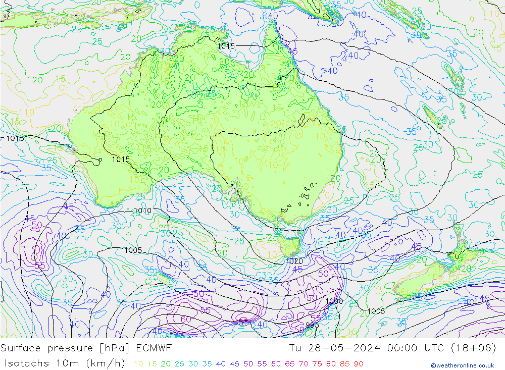 Isotachs (kph) ECMWF Út 28.05.2024 00 UTC