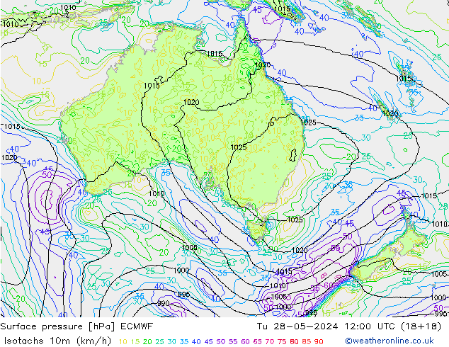 Isotachs (kph) ECMWF Tu 28.05.2024 12 UTC