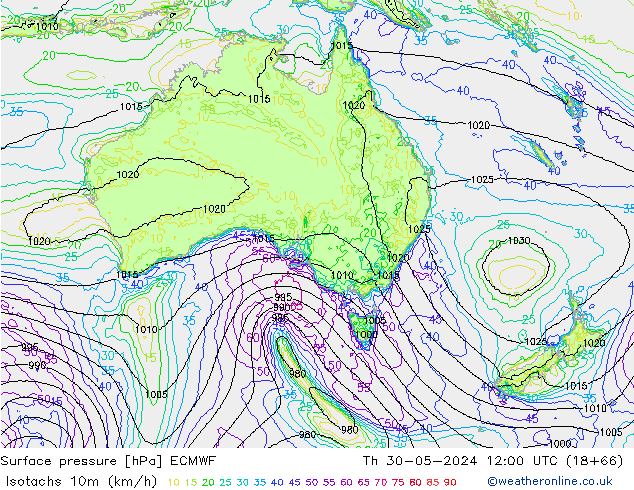 Isotachs (kph) ECMWF чт 30.05.2024 12 UTC