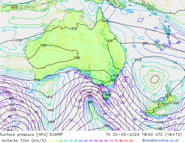 Isotaca (kph) ECMWF jue 30.05.2024 18 UTC