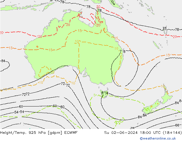 Height/Temp. 925 hPa ECMWF Dom 02.06.2024 18 UTC