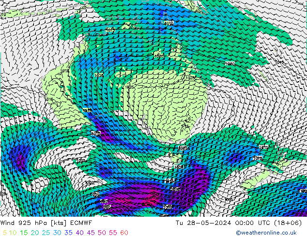 wiatr 925 hPa ECMWF wto. 28.05.2024 00 UTC