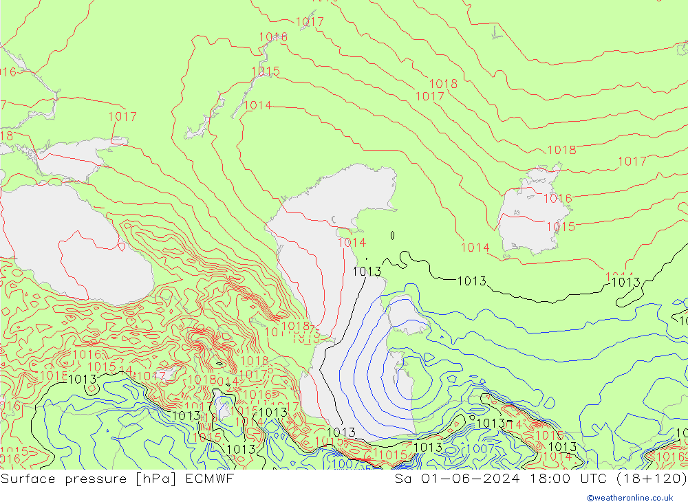 Surface pressure ECMWF Sa 01.06.2024 18 UTC