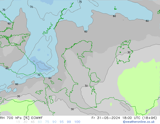 Humidité rel. 700 hPa ECMWF ven 31.05.2024 18 UTC