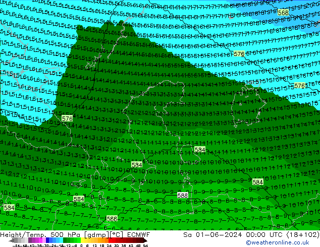 Hoogte/Temp. 500 hPa ECMWF za 01.06.2024 00 UTC