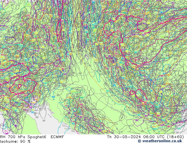 RH 700 hPa Spaghetti ECMWF Th 30.05.2024 06 UTC