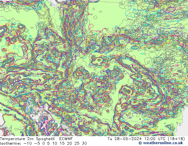 Temperature 2m Spaghetti ECMWF Tu 28.05.2024 12 UTC