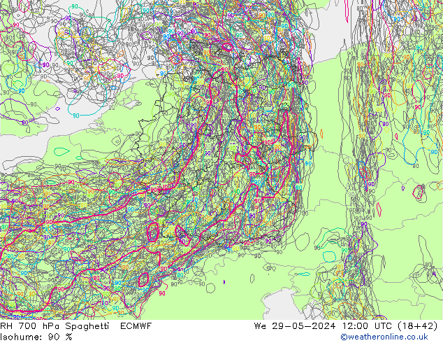 RH 700 hPa Spaghetti ECMWF Qua 29.05.2024 12 UTC