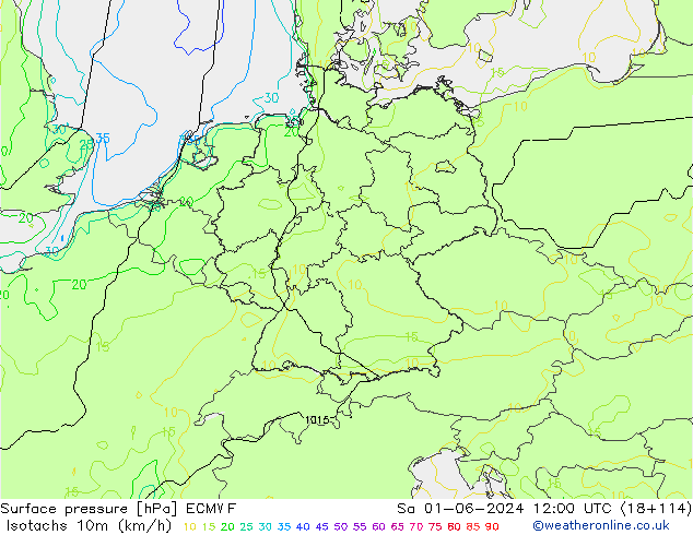 Isotachen (km/h) ECMWF Sa 01.06.2024 12 UTC