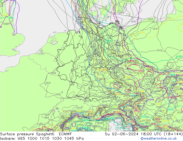 Surface pressure Spaghetti ECMWF Su 02.06.2024 18 UTC