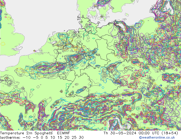 Temperatura 2m Spaghetti ECMWF gio 30.05.2024 00 UTC