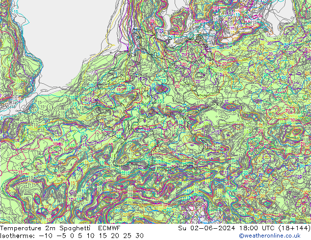 Temperature 2m Spaghetti ECMWF Su 02.06.2024 18 UTC