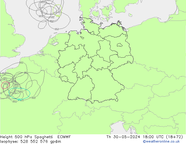 Height 500 hPa Spaghetti ECMWF Do 30.05.2024 18 UTC