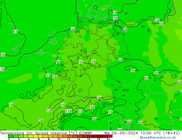 Temperatura 2m Spread ECMWF Qua 29.05.2024 12 UTC