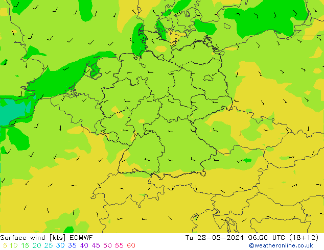 wiatr 10 m ECMWF wto. 28.05.2024 06 UTC