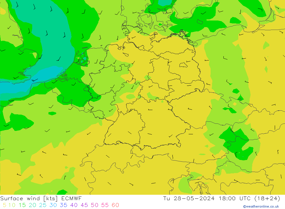 ветер 10 m ECMWF вт 28.05.2024 18 UTC