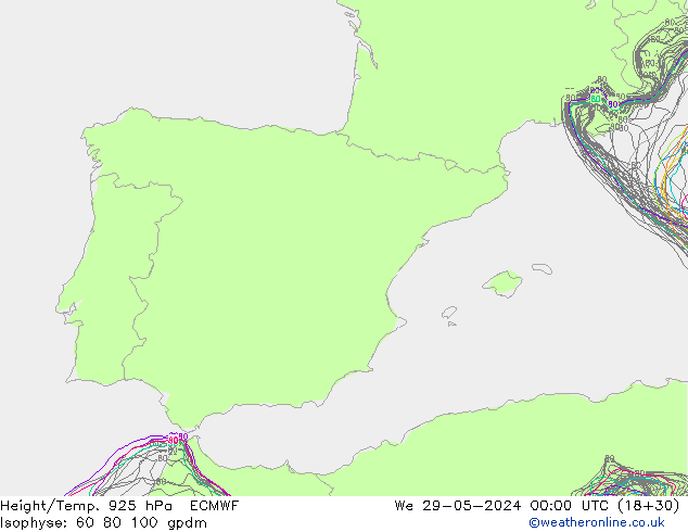 Height/Temp. 925 hPa ECMWF We 29.05.2024 00 UTC