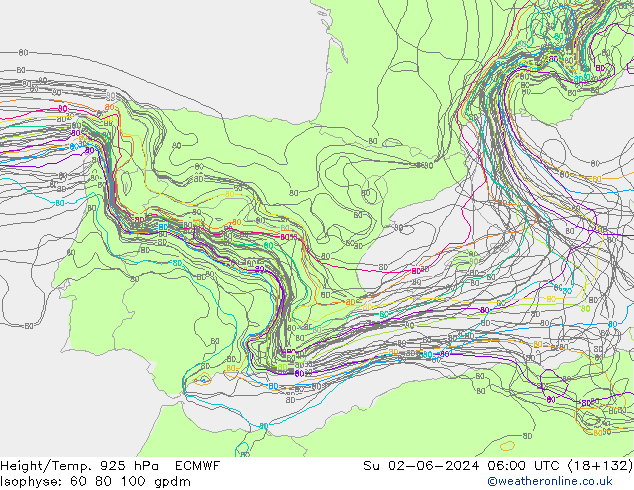 Height/Temp. 925 гПа ECMWF Вс 02.06.2024 06 UTC