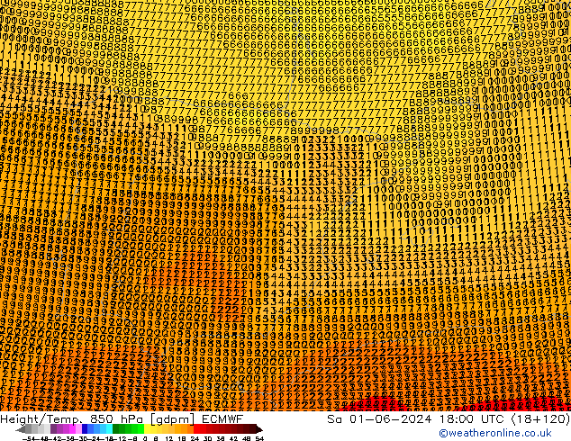 Geop./Temp. 850 hPa ECMWF sáb 01.06.2024 18 UTC