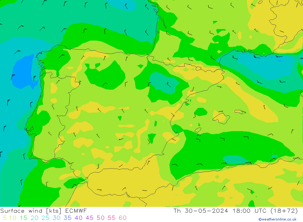 wiatr 10 m ECMWF czw. 30.05.2024 18 UTC