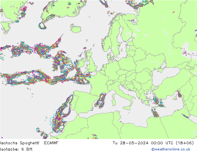 Isotachs Spaghetti ECMWF Út 28.05.2024 00 UTC