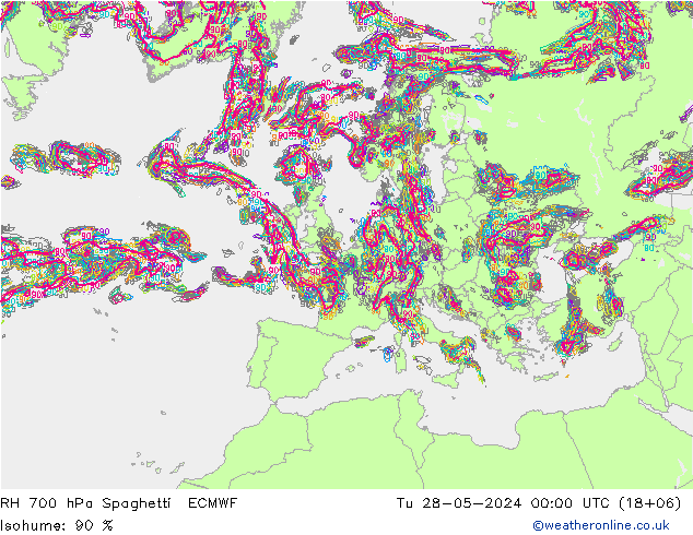 RH 700 hPa Spaghetti ECMWF mar 28.05.2024 00 UTC