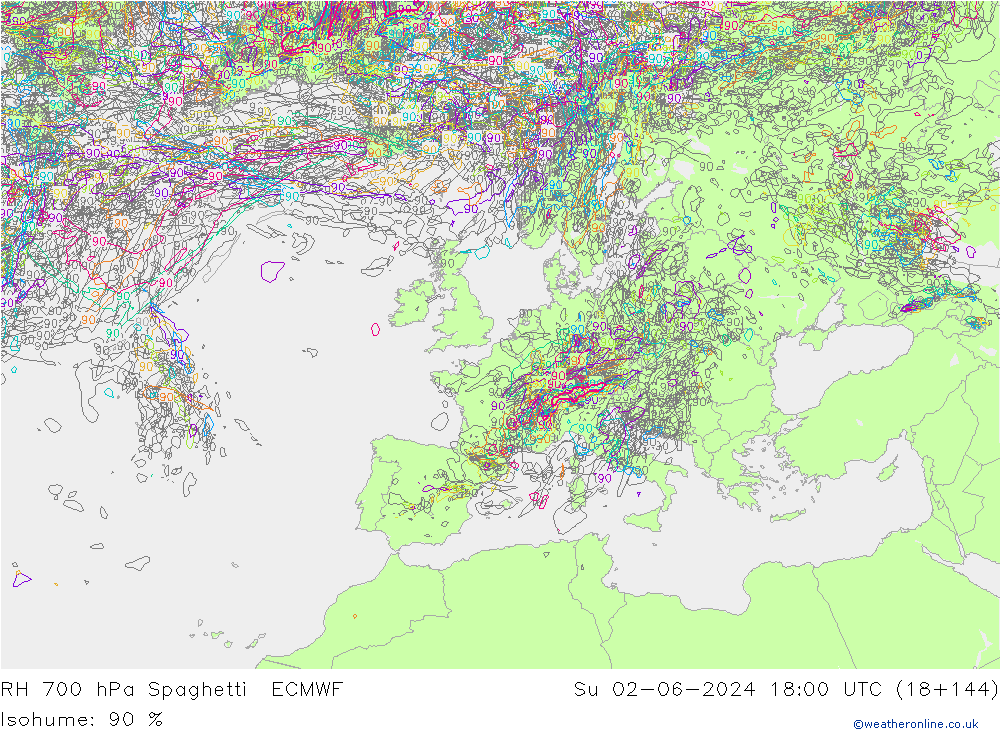 Humidité rel. 700 hPa Spaghetti ECMWF dim 02.06.2024 18 UTC