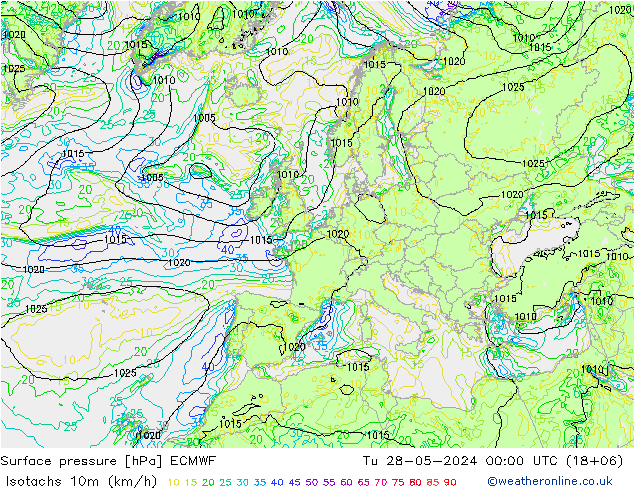 Isotachs (kph) ECMWF mar 28.05.2024 00 UTC