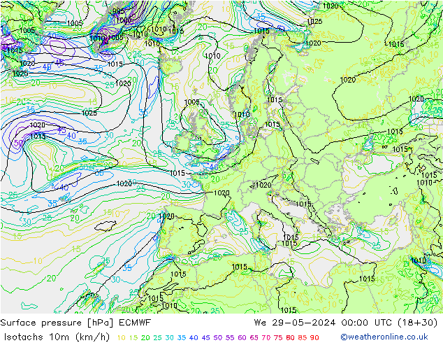 Isotachs (kph) ECMWF mer 29.05.2024 00 UTC