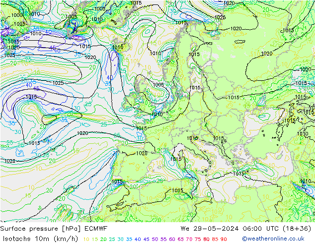 Isotachs (kph) ECMWF Qua 29.05.2024 06 UTC