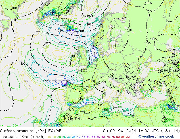 Isotachs (kph) ECMWF dom 02.06.2024 18 UTC