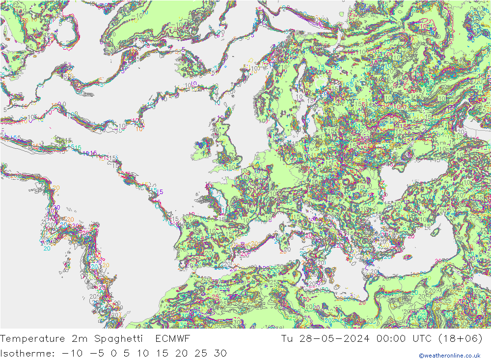 Temperature 2m Spaghetti ECMWF Út 28.05.2024 00 UTC