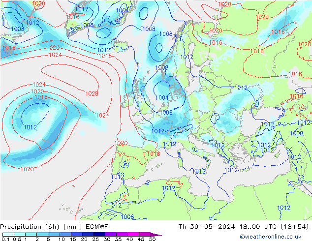 Precipitation (6h) ECMWF Th 30.05.2024 00 UTC