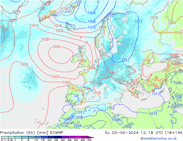 Totale neerslag (6h) ECMWF zo 02.06.2024 18 UTC