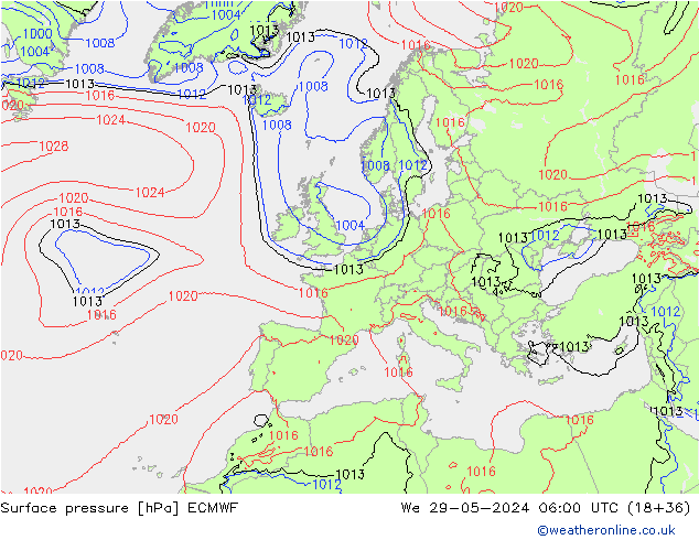 Presión superficial ECMWF mié 29.05.2024 06 UTC