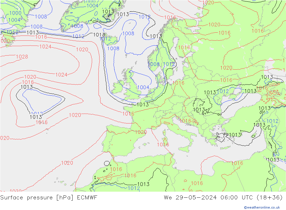 Surface pressure ECMWF We 29.05.2024 06 UTC