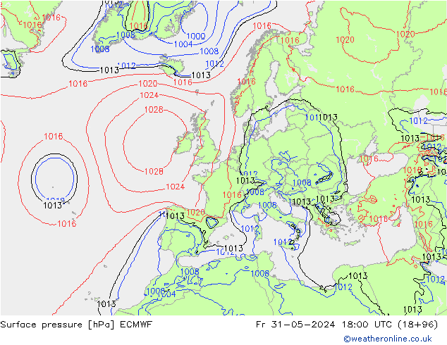 Presión superficial ECMWF vie 31.05.2024 18 UTC
