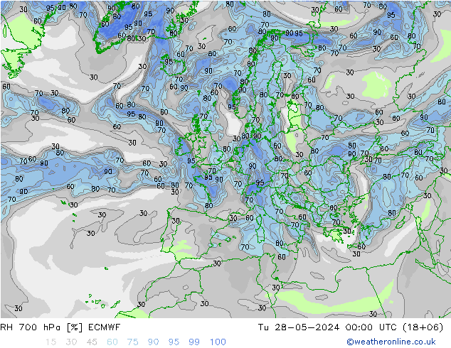 RH 700 hPa ECMWF wto. 28.05.2024 00 UTC